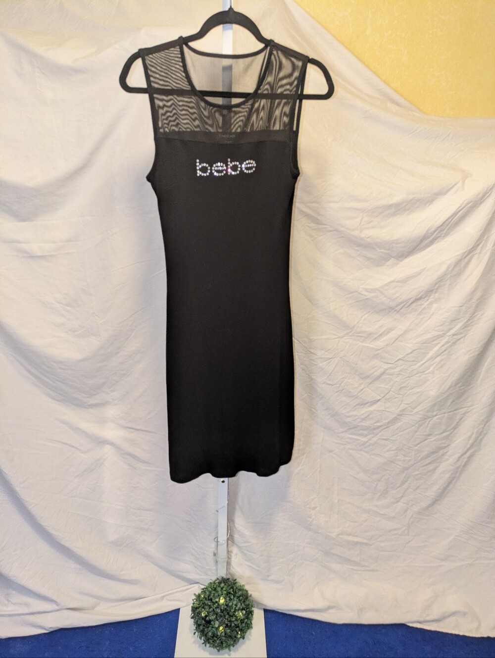 BEBE Black Rhinestone Logo Mesh Yoke Sleeveless Bodycon Midi Dress Medium M